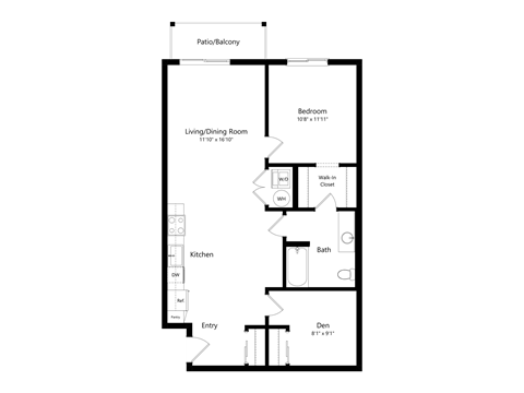 A floor plan of a one bedroom apartment with a living/dining room, kitchen, bath, and entry.